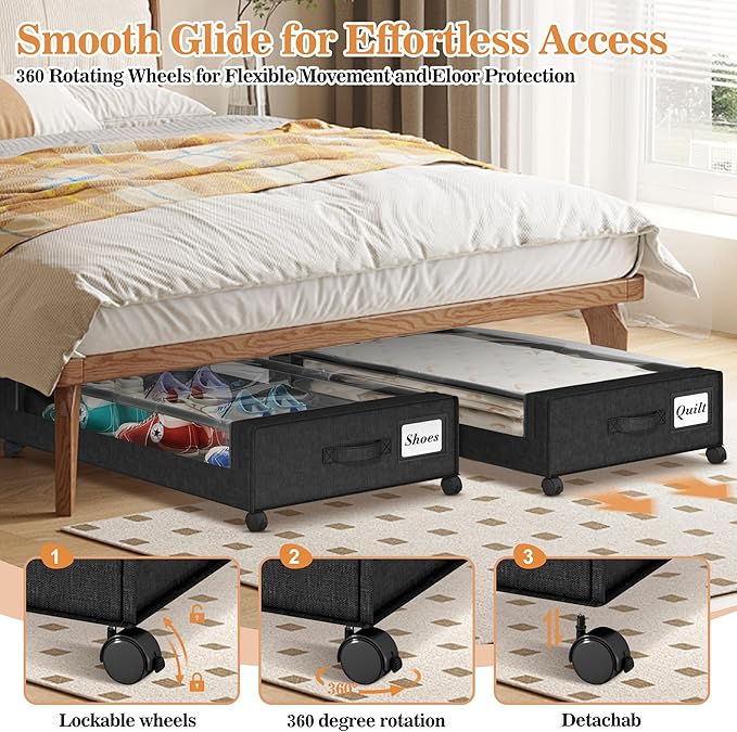 2 Pack Under Bed Storage with 4 Dividers, Large Under Bed Storage Containers with Wheels for Clothes, Shoes, XXL Rolling Underbed Storage Organizer Bins with Clear Lids and Handles