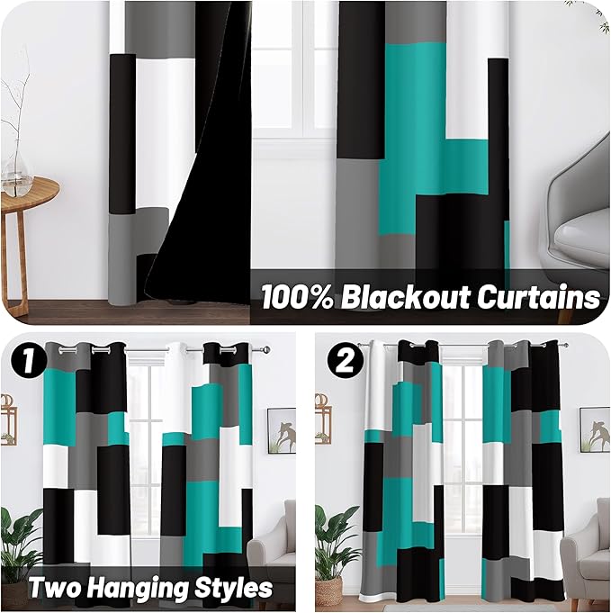 Teal/Turquoise 100% Blackout Curtains for Bedroom 72 inch Length 2 Panels Set White Grey Modern Abstract Geometric Black Out Curtains Room Darkening Window Drapes for Living Room, 42Wx72L