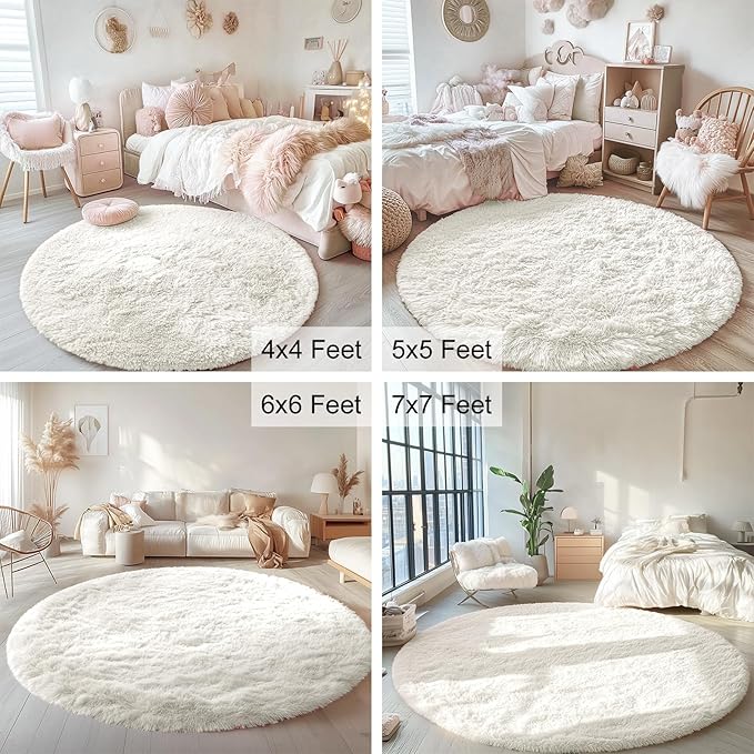 OLANLY Ivory Round Rugs for Bedroom - Machine Washable, 8 ft Circle Area Rugs for Living Room, Soft and Fluffy Shaggy Carpet for Teen Girls and Boys, Nursery Rooms, Dorms, Home Decor Aesthetic