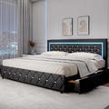 BarnFurin King Size Bed Frame with LED Lights and Storage Drawers, Upholstered Platform Bed with Crystal Tufted Headboard, Wooden Slats Support, No Box Spring Needed, Easy Assembly, Black