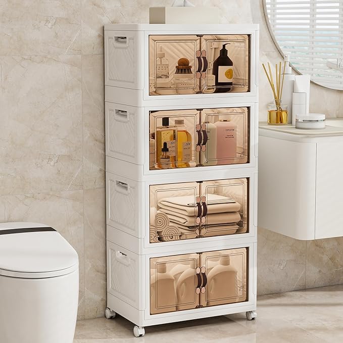 Storage Bins with 2 Lids and Wheels, 660QT-110QT*6Tier Collapsible Bathroom Storage Cabinet with Clear Doors, Plastic Stackable Closet Organizers and Containers White