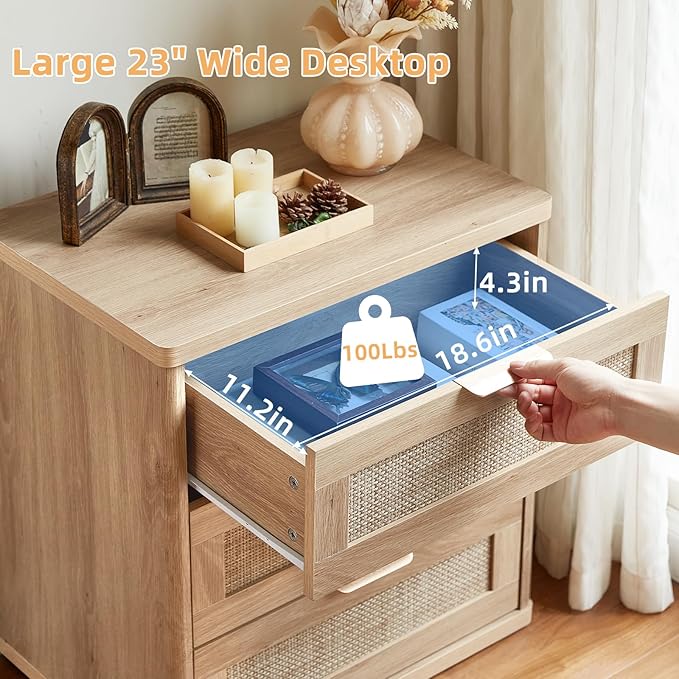 LEYAOYAO Rattan Night Stand Set of 2 with Drawers, 23" Large 3 Drawer Boho Nightstand, Natural Wood Bedside Table Storage Cabinet, Bed Side End Tables Dresser for Bedroom, Living Room, Hallway, Closet