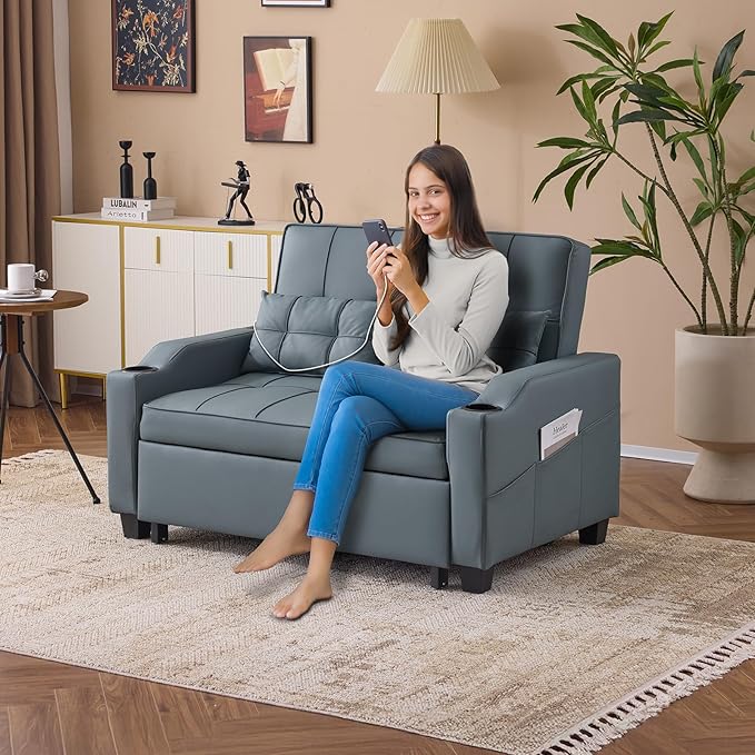 VINGLI Blue Grey Futon Sofa Bed Convertible Loveseat Sleeper Couch, Faux Leather Pullout Sofa Fold Out Couch Bed with USB Ports, Cup Holders, Armrest for Living Room, Bedroom Apartment Room