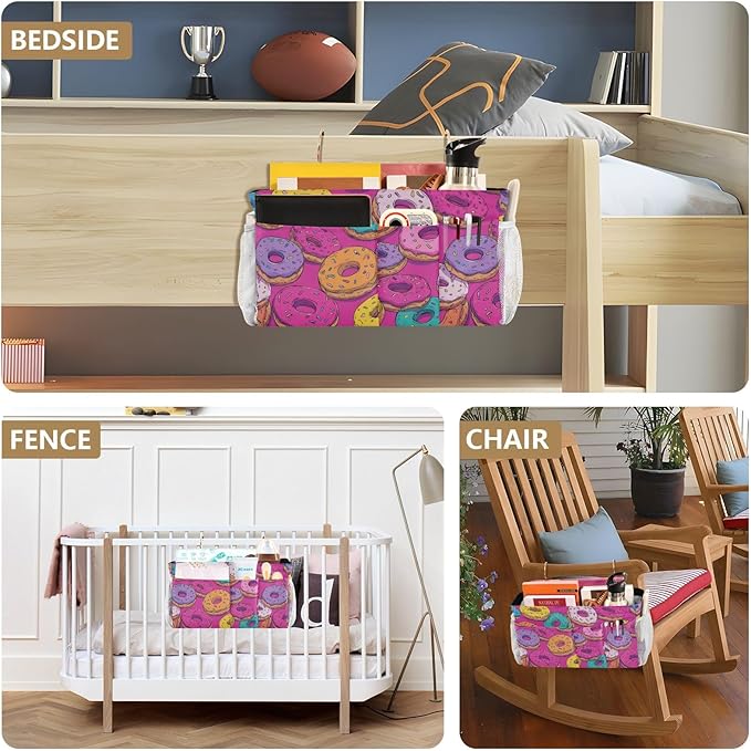 Bedside Caddy Hanging Bunk Bed Caddy Bed Organizer Hanging Pocket with 2 Hooks Bedside Storage Organizer Pocket Bag Holder Cute Donuts Colorful