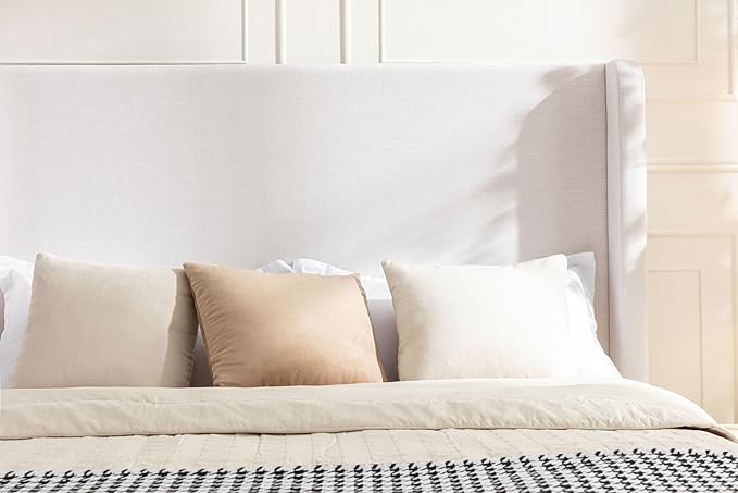 Queen Size Upholstered Bed Frame, Harper 54" Tall Headboard Platform Beds, Wingback Headboard Bedframes/No Box Spring Needed/Easy Assembly/Elegant Simplicit, Ivory Chenille