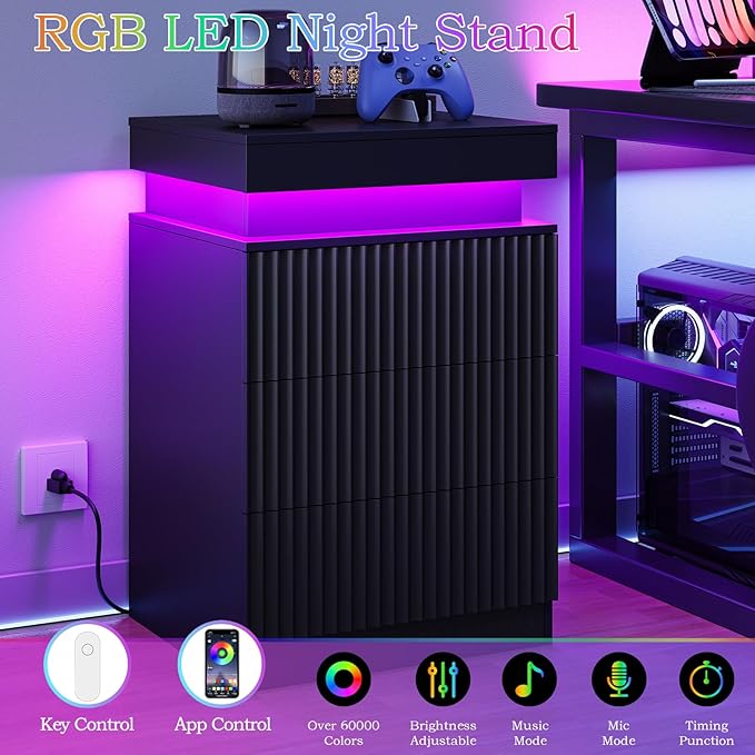 Nightstand with Charging Station & LED Lights, Modern Small Fluted Bedside & End Table with 3 Drawers, Sliding Top & Hidden Storage, Wooden Farmhouse Night Stand for Bedroom Office or Sofa, Black