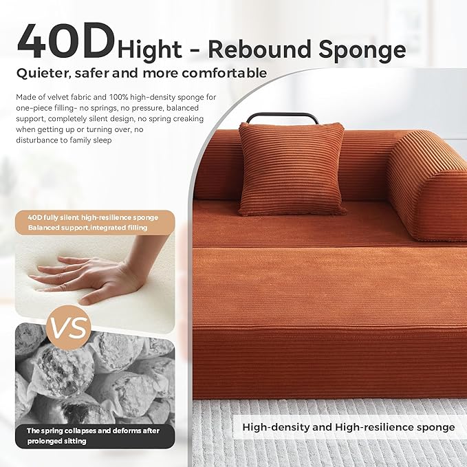 Convertible Sleeper Sofa with 2 Pillow, Modern Corduroy Futon Bed, Modular Sofa with Pull-Out Bed, Love Seat Sleeper for Living Room, Small Space Apartment, Office