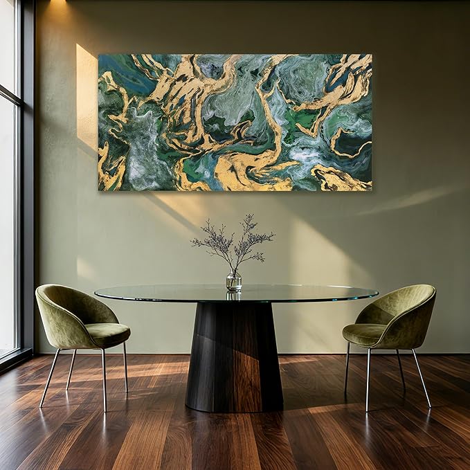 YETHEN WAL Green and Gold Abstract Canvas Wall Art 24×48 inch Horizontal, Emerald Marble Fluid Art, Gallery Wrapped, Ready to Hang, Modern Luxury Decor for Living Room Bedroom Entryway