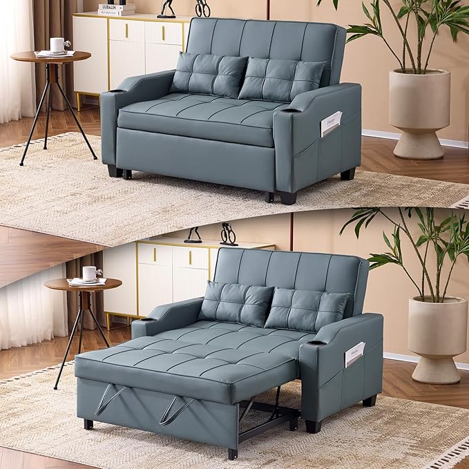 VINGLI Convertible Loveseat Sleeper, Blue Grey Faux Leather Futon Sofa Bed Pullout Couch Bed with USB Ports, Cup Holders, Armrest for Living Room, Bedroom, Home Office Apartment