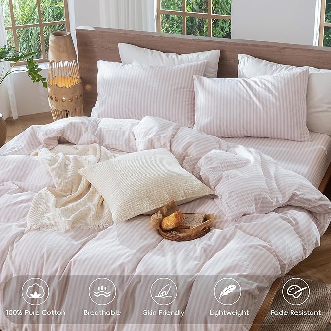 MooMee Striped Duvet Cover Set 100% Washed Cotton Linen Like Textured Breathable Durable Soft Comfy (Heathered Greyish Pink Classic Stripes, Twin 68"x90")