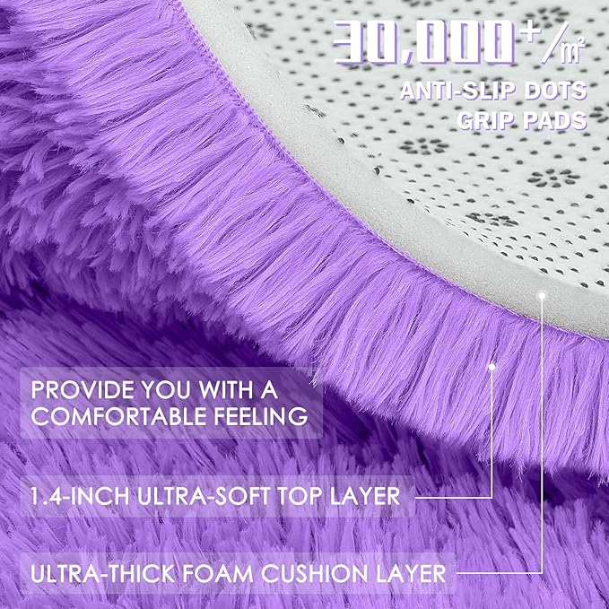 OLANLY Purple Round Rugs for Bedroom - Machine Washable, 3 ft Circle Area Rugs for Living Room, Soft and Fluffy Shaggy Carpet for Teen Girls and Boys, Nursery Rooms, Dorms, Home Decor Aesthetic