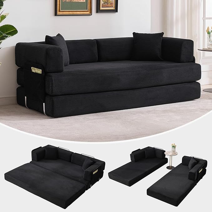 Garvee 5-in-1 Convertible Sofa Bed, 78.8" Modular Corduroy Sleeper with Sturdy Frame & No Assembly, Multi-Functional Futon for Small Space, Living Room & Guest Room (Black)