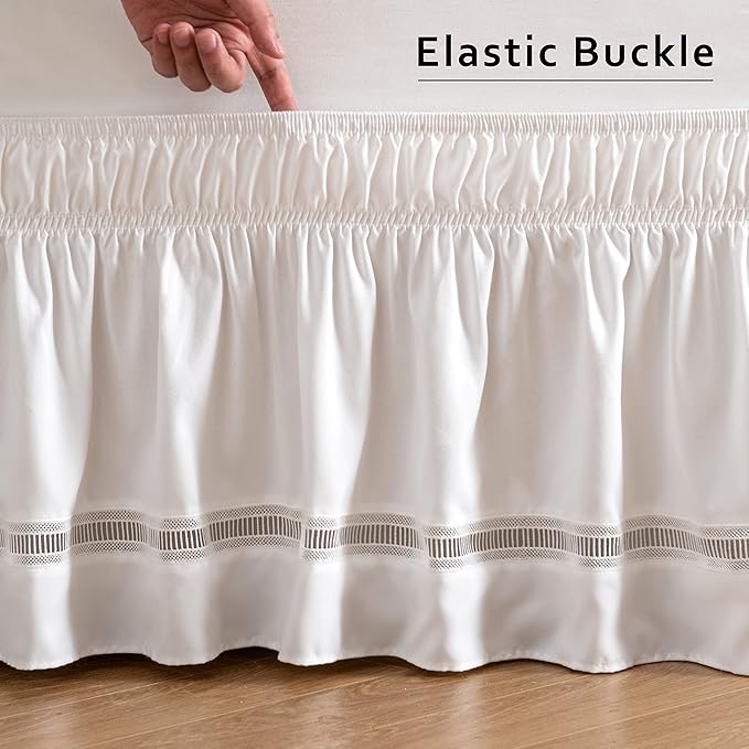 MIYE Wrap Around Ruffled Lace Bed Skirt, Elastic Dust Ruffle with Adjustable Belts,15 Inch Drop Easy to Put On, Bed Frame Cover, Machine Washable (Ruffled Lace, King/Queen-15)