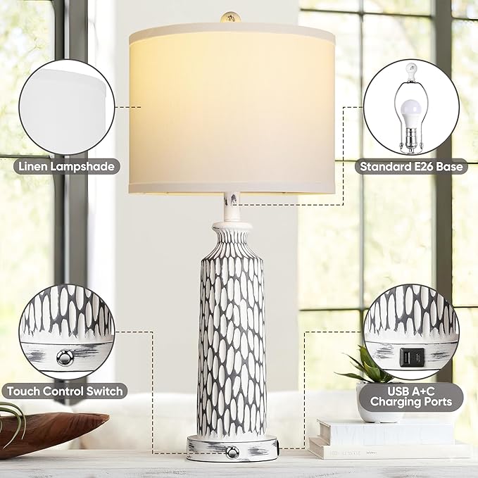 QiMH Table Lamp for Living Room,Bedside Lamps for Bedroom Set of 2 with USB A+C Ports,3-Way Dimmable Touch Control, Modern Coastal White Grey Resin Nightstand Lamp, Included 2700K LED Bulbs