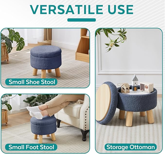 FIMIVIBI Small Foot Stool Ottoman with Storage, Sherpa Ottoman Foot Rest for Couch, Round Footstool with Storage, Small Ottomans and Footstools for Living Room and Entryway (Navy Blue)