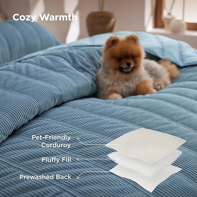 Bedsure Luxury Velvet Quilt King Size - Lightweight Velvet Blue Fluffy Comforter Set, Oversized Corduroy Bedspread Coverlet Winter Bedding Set, Pet-Friendly, Tear-Resistant, Ultra-Soft, 106"x96"