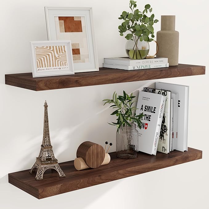 40 Inch Floating Shelves for Wall, 9.3 Inch Deep Shelves for Books & Decor, Wall-Mounted Floating Shelf 40 Inch Long Set of 2, Rustic Wooden Shelf for Living Room, Bedroom, Kitchen, Walnut