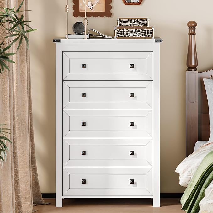 Dresser for Bedroom with 5 Drawers, Tall Wood Chest of Drawers, Modern Farmhouse Closet Clothes Organizer, Storage Tower Cabinet with Metal Handles for Hallway, Living Room, Entryway, White