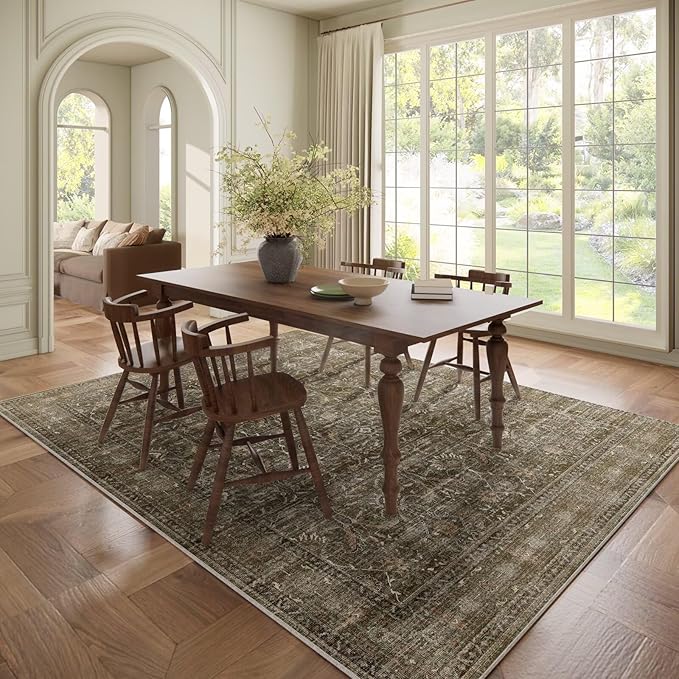 Washable 6x9 Area Rugs for Living Room, Boho Non-Slip Vintage Distress Large Rugs for Bedroom Dining Room Nursery Office, 0.3" Neutral Oriental Throw Thin Carpet, Rust/Multi