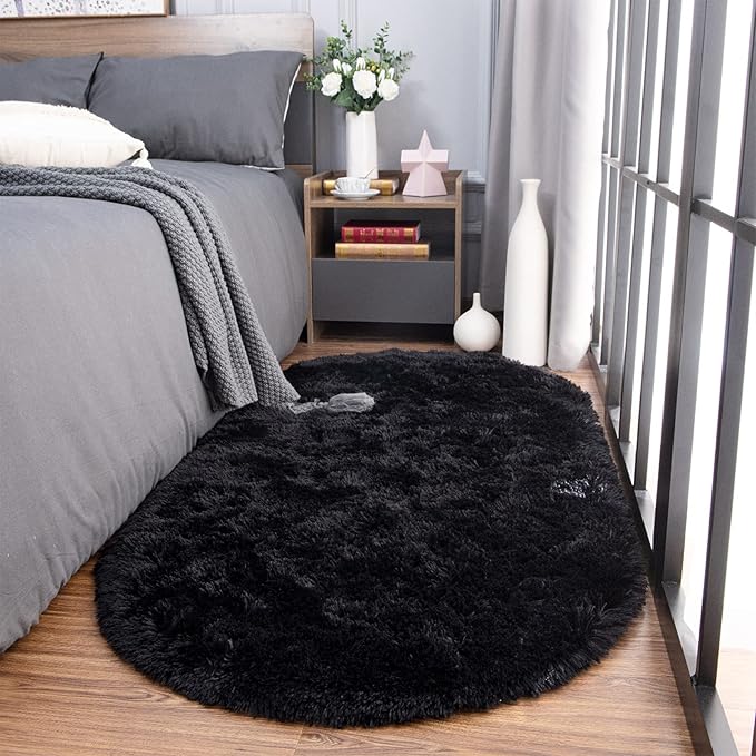 Noahas Fluffy Black Rugs for Bedroom Living Room,2'X5' Oval Throw Rug for Kids Room,Shag Hallway Runner Rug,Small Soft Shaggy Bedside Non-Slip Plush Nursery Dorm Carpet Home Decor Aesthetic
