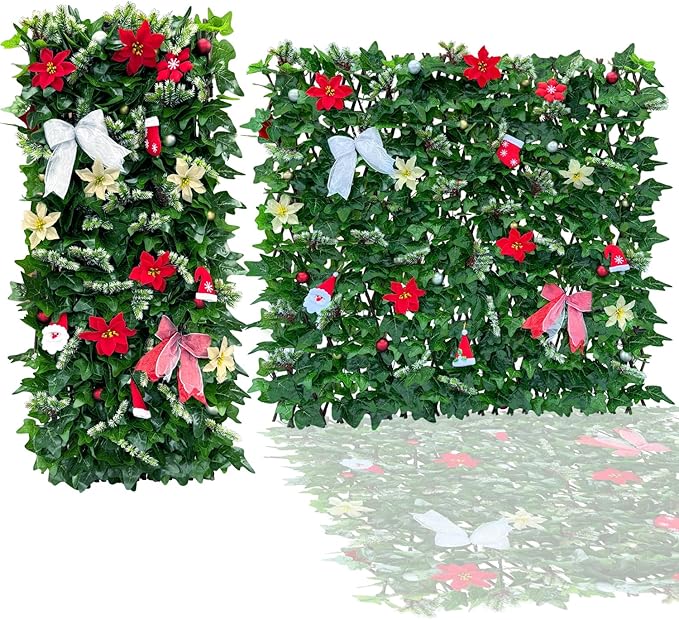 Sumery Expandable Fence Privacy Screen for Balcony Patio Outdoor,Decorative Faux Ivy Fencing Panel,Artificial Hedges (Single Sided Leaves) (1, Christmas-Ivy)