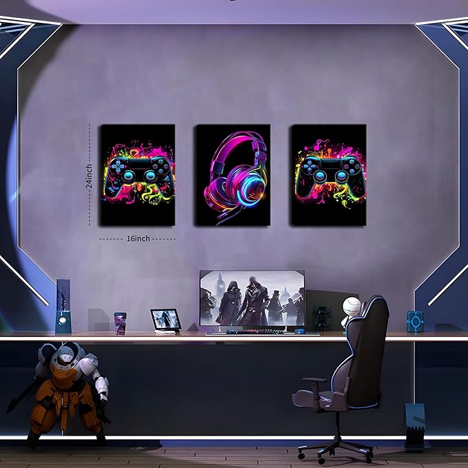 BGFCE Game Room Decor Set of 3, Neon Gaming Video Game Room Wall Art, Gaming Canvas Paintings Posters Prints for Teen Boys Room Children Teen Wall Decor Framed 16x24 in