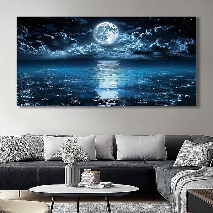 Huaaliunn Big Moon Canvas Wall Art - Modern Seascape Paintings for Living Room, Bedroom Wall Decor, Art for Home or Office Decoration, Large Wall Art 71"x36"