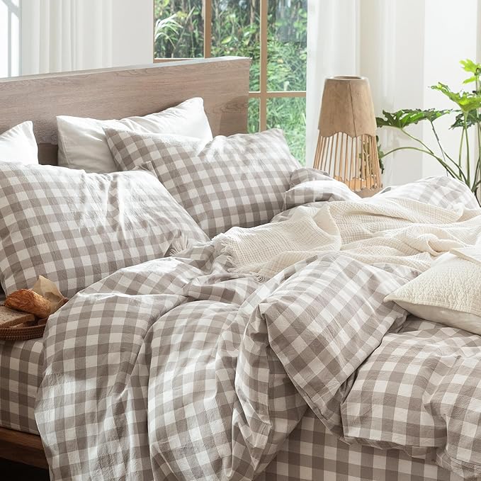 MooMee Gingham Duvet Cover Set 100% Washed Cotton Linen Like Textured Breathable Durable Soft Comfy Modern Checkered Design (Buffalo Plaid Tannish Linen Grey, Oversized Full 82"x86")