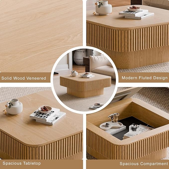 Square Small Coffee Table with Storage, Modern Wooden Coffee Table with Solid Wood Veneered, Fluted Center Table Drum Tea Table for Living Room Apartment, 31.5''L×31.5''W×14''H