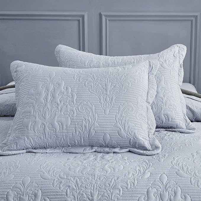CHIXIN Oversized Bedspread Coverlet Set King Size - Lightweight Bedding Cover - Ultrasonic Quilting - 5 Piece Reversible Bedspread - Elegant Damask Paisley Pattern (King, Light Grey)
