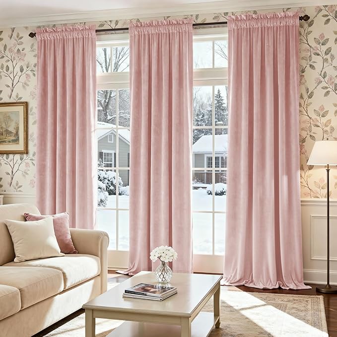 Lazzzy Velvet Blackout Curtains Thermal Insulated Room Window Drapes Super Soft Luxury Curtains for Living Room Bedroom Rod Pocket 2 Panels, Dusty Pink, 52" W x 96" L