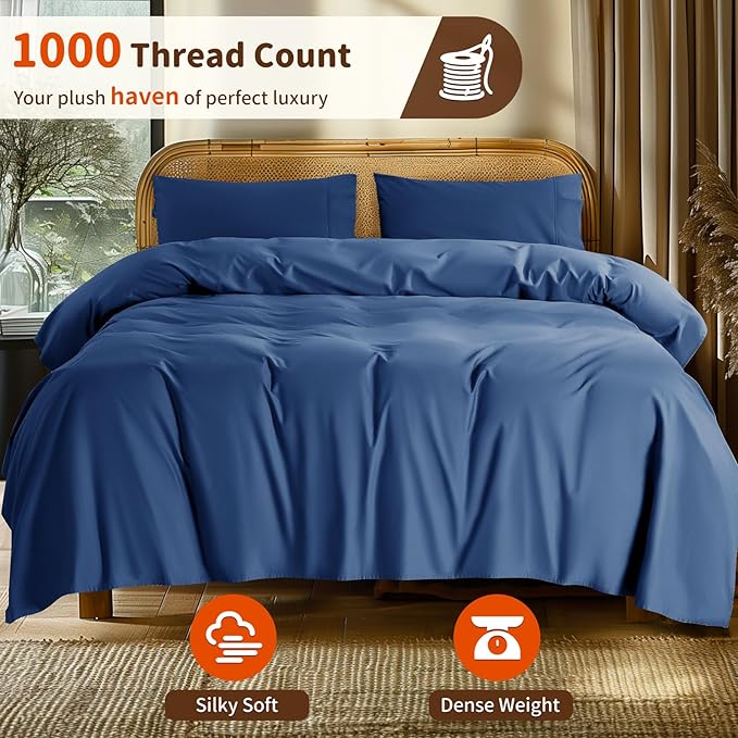 LBRO2M 100% Cotton Sheets Set Deep Pocket 24", 1000 Thread Count Full Size 4 Piece Bed Sheet Sets Soft Comfortable Bedding All Seasonn (Full, Navy Blue)