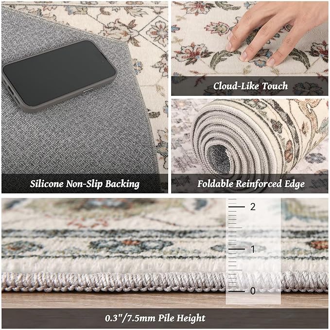 Washable 9x12 Area Rugs for Living Room, Boho Non-Slip Vintage Distress Lager Rugs for Bedroom Dining Room Nursery Office, 0.3" Neutral Oriental Throw Thin Carpet, Beige/Rust/Green/Multi