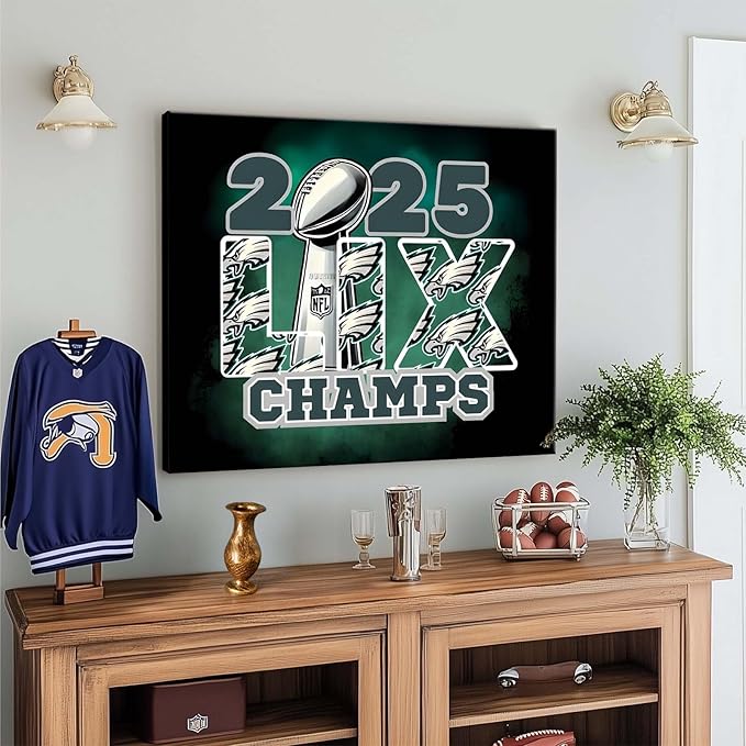 B.B.F MAKE 2025 Super Canvas Bowl Wall Art Champions Eagles Poster Print Philadelphia Oil Painting Canvas Wall Decor Sports Stars Picture Modern Bedroom Living Room Home Decoration, Framed 20x24inch