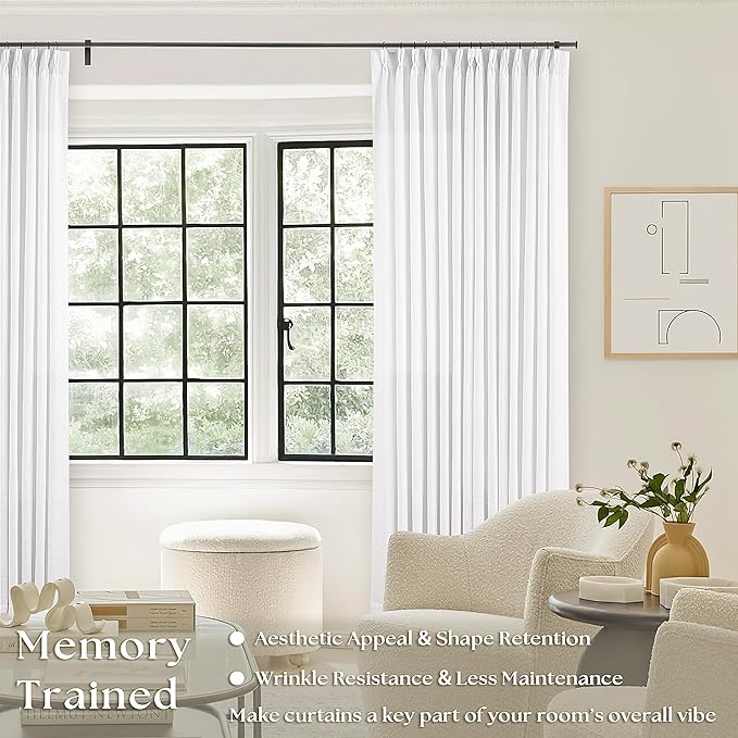 Custom Pinch Pleated 105 Inch Curtains 2 Panels Set for Windows White Linen Blend Curtains Pinch Pleat Back Tab Privacy Light Filtering Boho Drape with Hooks and Rings for Living Room Bedroom