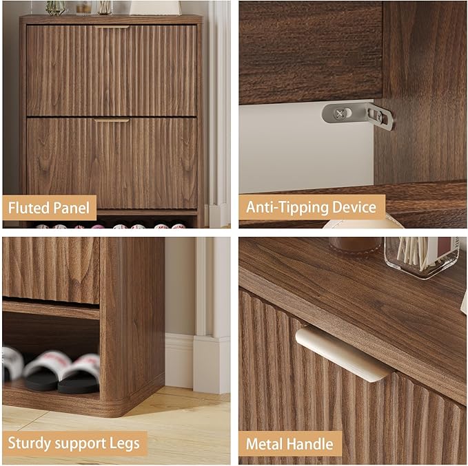 Fluted Shoe Cabinet Storage with 2 Flip Drawers, Narrow Shoe Storage Organizer for Entryway, Hidden Slim Wooden Shoe Rack Cabinet for Front Door Entrance, Hallway, Living Room (2-Drawer, Walnut)