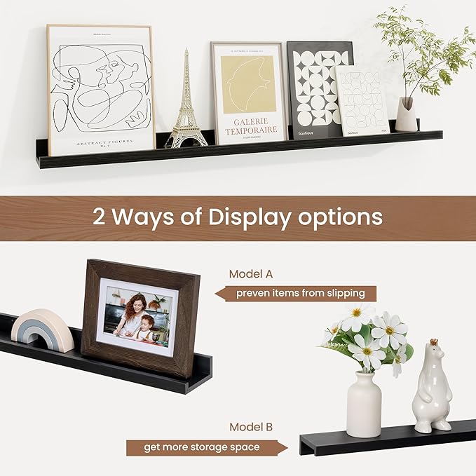 Picture Ledge Shelf, Floating Shelves Set of 2, 36 Inches Solid Wood Nursery Book Shelves for Toys Storage, Kids Bookshelf Wall Mounted for Living Room Bedroom Decor Books Photo Frames, Black