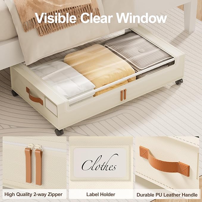LAMU Under Bed Storage with Wheels, 2 Pack Under Bed Storage Containers with Clear Lid, XXL 60L Underbed Storage Bins, Rolling Under Bed Metal Drawers for Clothes, Blankets, Shoes, Beige