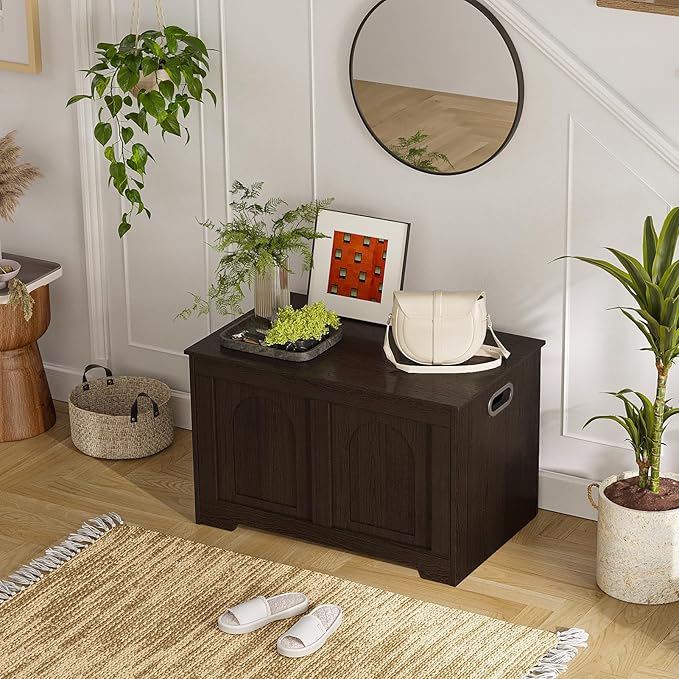 DINZI LVJ Storage Chest, 31.5”Wooden Toy Box with 2 Safety Hinges, Entryway Storage Bench with Flip-Top, Sturdy Storage Trunk for Living Room, Bedroom, Easy Assembly, Espresso