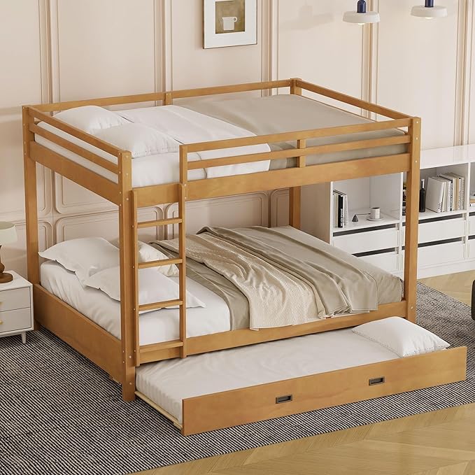 Bellemave Queen Over Queen Size Bunk Bed with Trundle for Kids/Adults,Solid Wood Bunk Bed Frame Queen Size with Ladder & Safety Guardrails,Wood Color