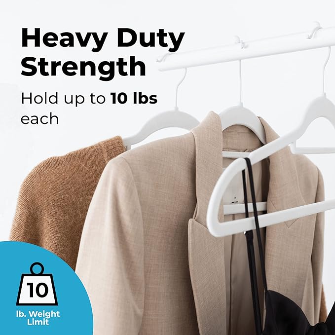 Fontaines Luxury White Velvet Felt Non Slip Clothes Hangers 50 Pack - Ultra Slim & Space Saving - Heavy Duty Swivel Hook for Clothing, Suit, Top, Tie, Shirt, Skirt & Pant Organization