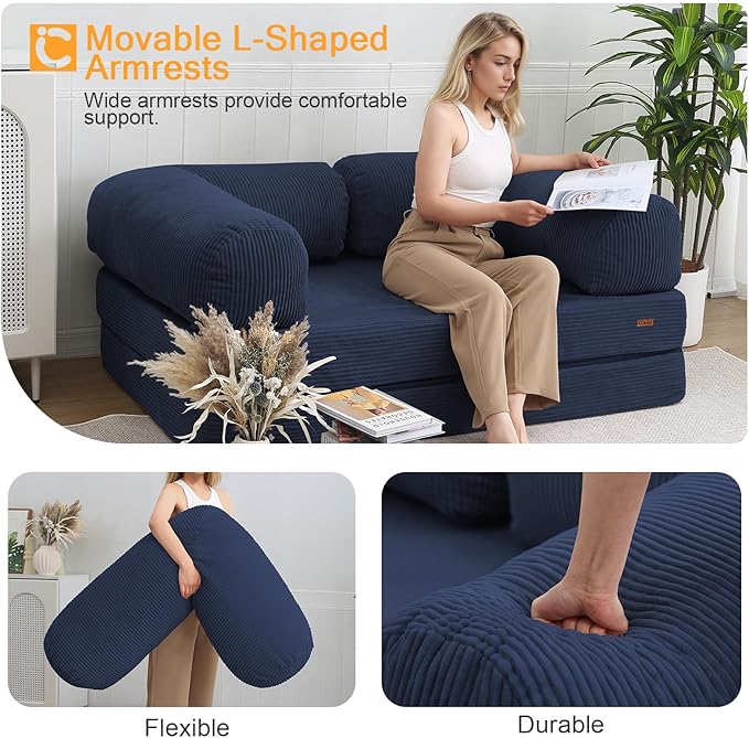 COMAX Futon Sofa Bed, 4-in-1 Floor Foldable Sofa Couch Bed Queen with L-Shaped Armrests, Convertible Folding Chair Bed Sleeper Mattress Fold Out Comfy Lounge for Living Room Bedroom, Dark Navy Blue