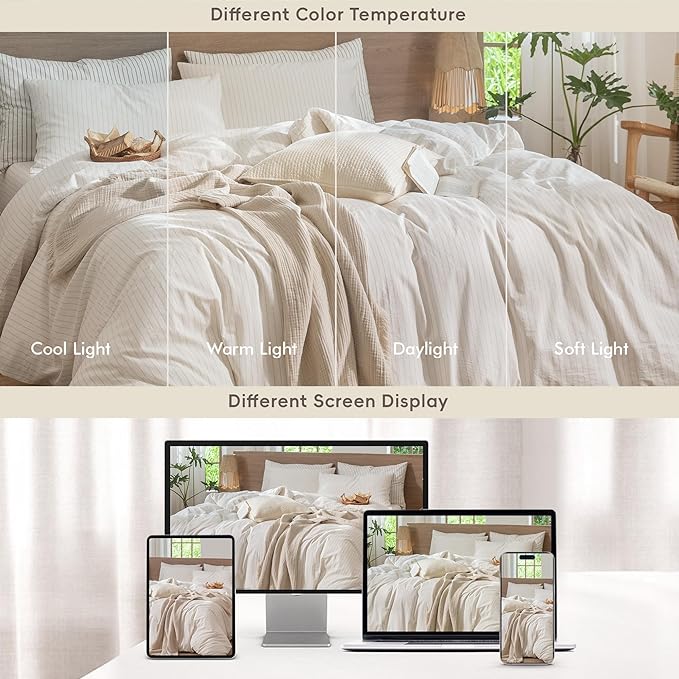 MooMee Striped Duvet Cover Set 100% Washed Cotton Linen Like Textured Breathable Durable Soft Comfy (White Almond Milk Grey Wide Stripes, Super King 108"x98")