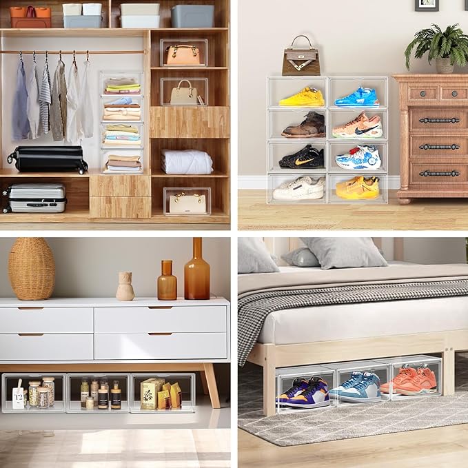 10 Pack Acrylic Shoe Box Size 14, X-Large Purse Handbag Organizer Clear Sneaker Display Case Boot Storage Box Transparent Stackable Storage Bins with Magnetic Lids