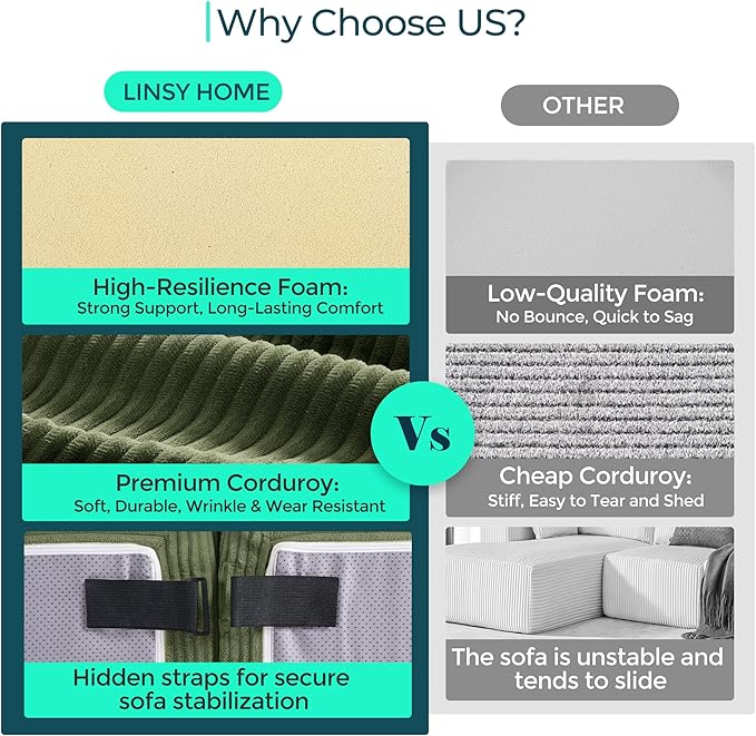 LINSY HOME Convertible Sofa Bed with 2 Pillows & Ottoman, Boneless Couch Folding Modular Sectional Sleeper Sofa, L Shaped Sofas Corduroy Couch Bed Compression Sofa for Living Room Apartment, Green