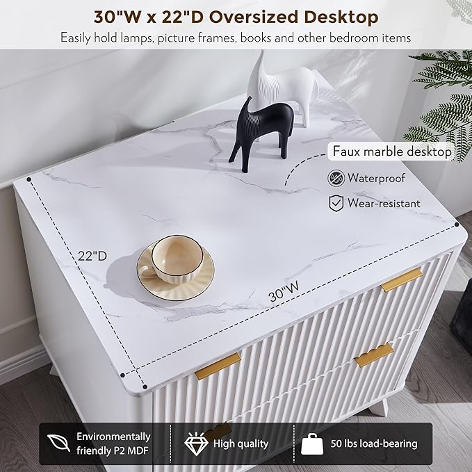 T4TREAM Modern Fluted Wood Night Stand, 30" Tall Bedside Table with 2 Drawers & Large Tabletop, Side Tables Bedroom, End Table for Living Room, White