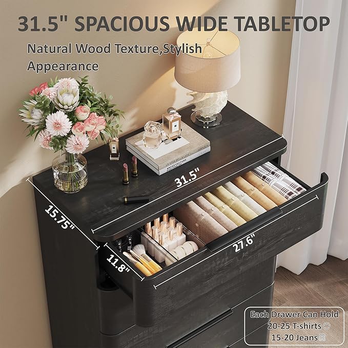 5 Drawer Dresser for Bedroom, 45" Tall Modern Chest of Drawers with Metal Handle, Curved Profile Design, Wooden Closet with Large Drawers Dressers Organizer for Entryway Hallway