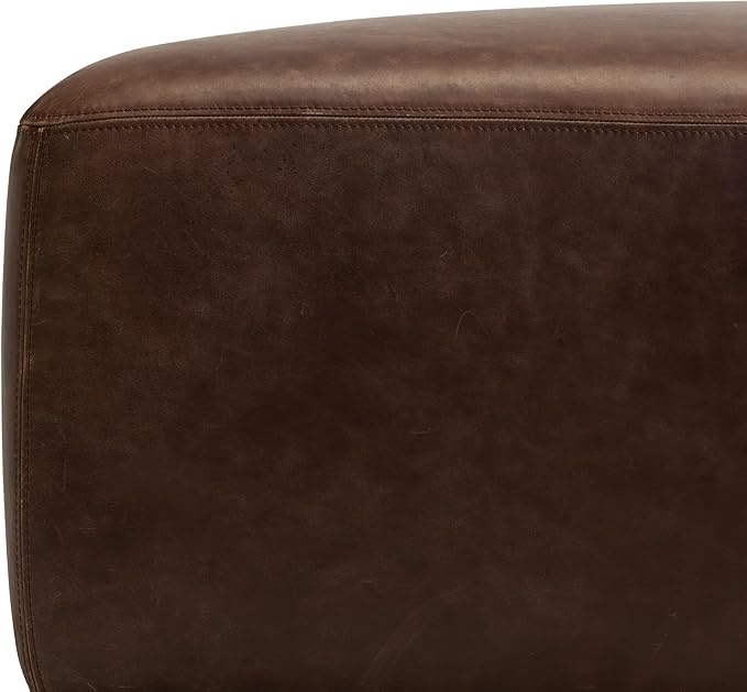 Poly & BARK Sequoia Ottoman – 35” Square Pouf with Feather-Down Topper – Full-Grain Leather Upholstered Pouf Ottoman for Living Room – Vintage Italian Leather in Chocolate Brown