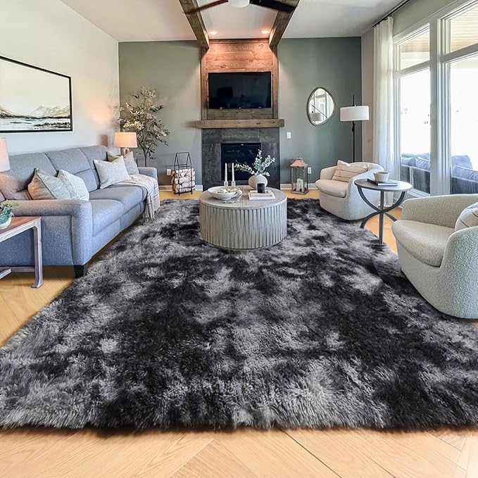 PAGISOFE Abstract Soft Shaggy Rugs for Living Room 5x8 Ft,Tie-Dyed Grey Fluffy Washable Rugs for Kids Room Furry Carpets for Bedroom Room Decor Aesthetic Large Shag Carpet for Boys Girls Dorm Nursery