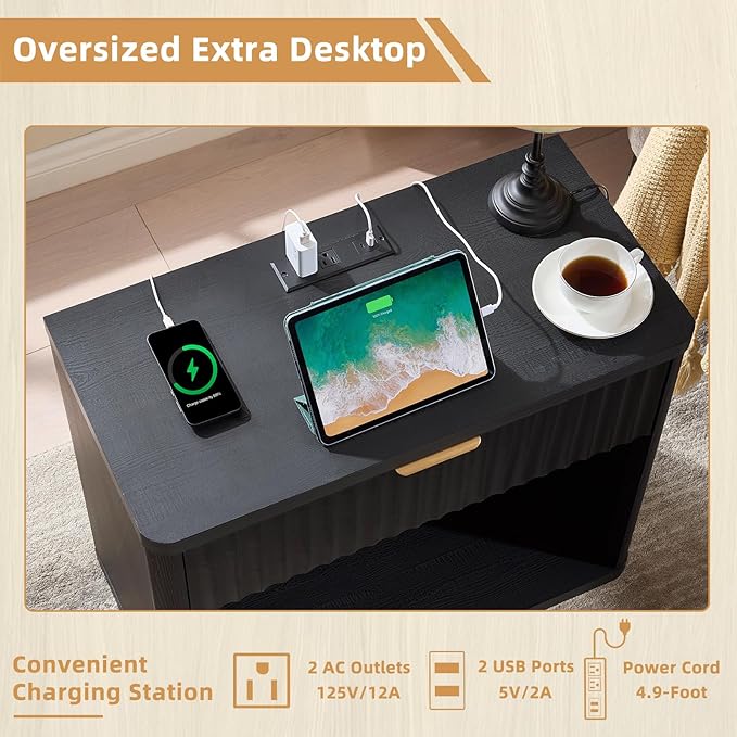 LEYAOYAO 31" Wide Fluted Nightstand Set of 2 with Charging Station, Oversized Extra Large 1 Drawer Night Stand with Golden Handle, Black Wood Bedside Table Tall End Tables,for Bedroom, Living Room